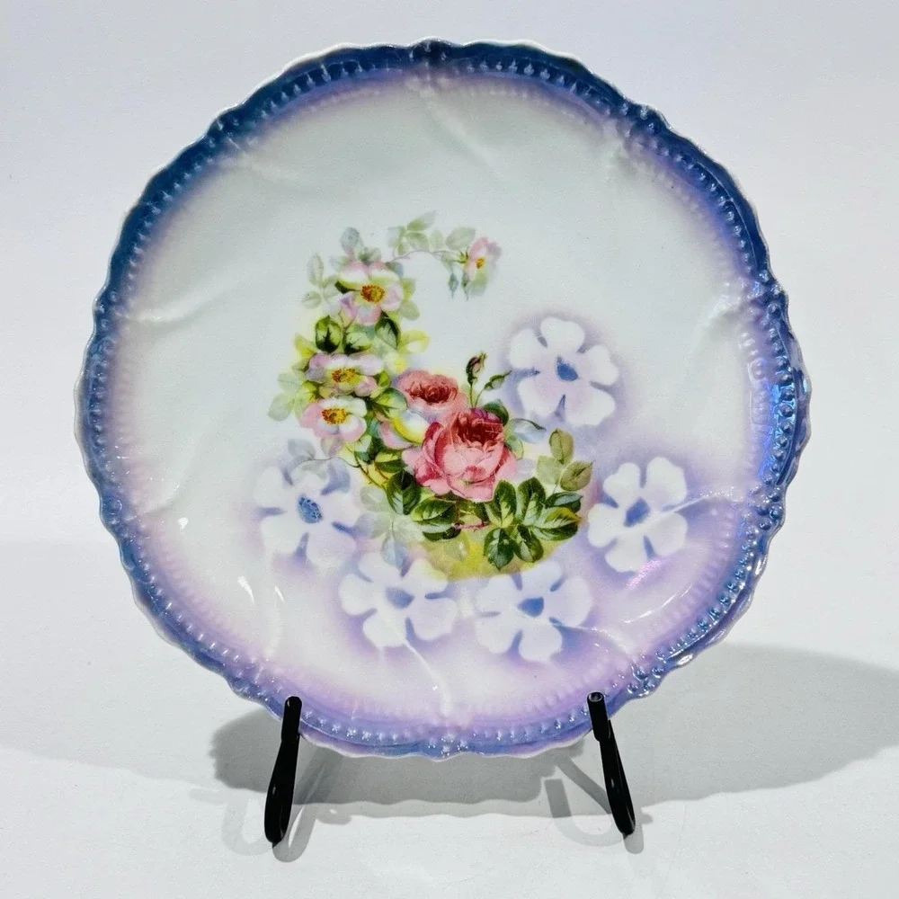 Antique Purple Floral Cabinet Plate w Iridescent Finish Leuchtenburg Germany